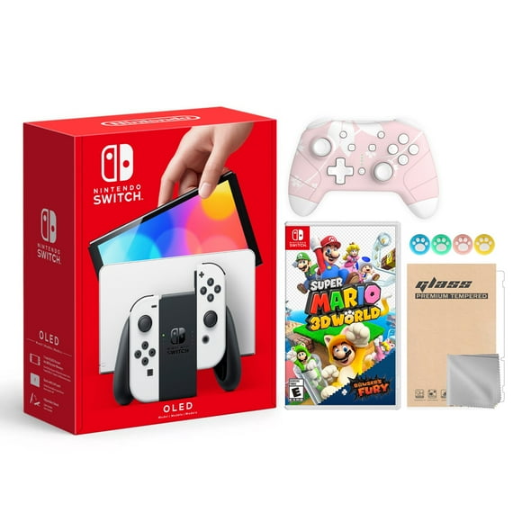 2021 New Nintendo Switch OLED Model White Joy Con 64GB Console Improved HD Screen & LAN-Port Dock with Super Mario 3D World + Bowser's Fury And Mytrix Wireless Pro Controller and Accessories