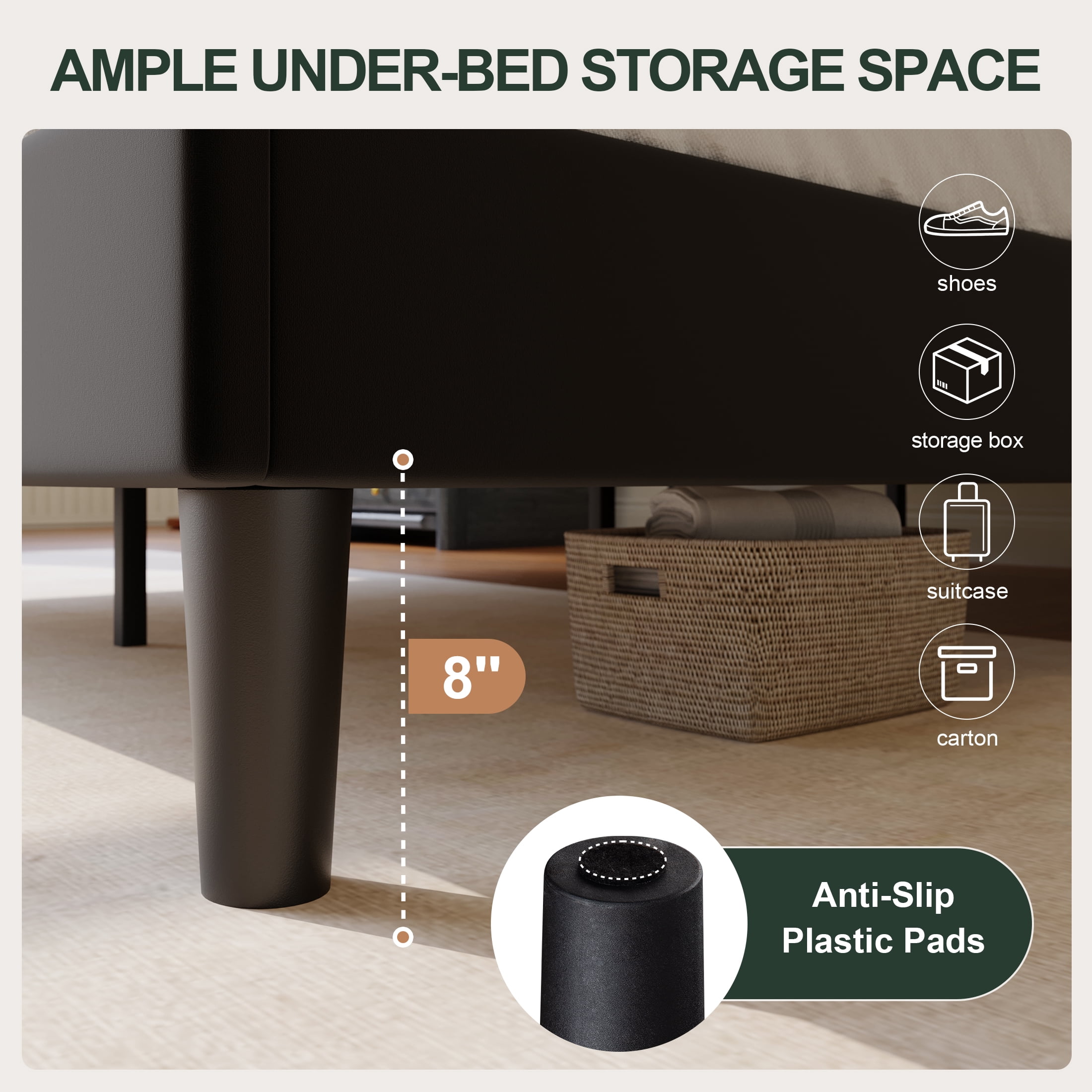Amolife Queen Bed Frame, Upholstered Platform Bed with Streamlined Adjustable Headboard, No Box Spring Required, Black, Velvet