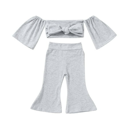 

LWZWM Baby Girl Outfit Toddler Baby Girls Fashion Cute Solid Color Off Shoulder Bow Top Flared Pants Suit Gray 6-9 Months
