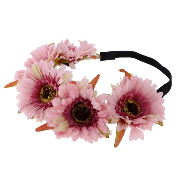 Diadema con guirnalda de flores de margaritas bohemias para la frente Rosado