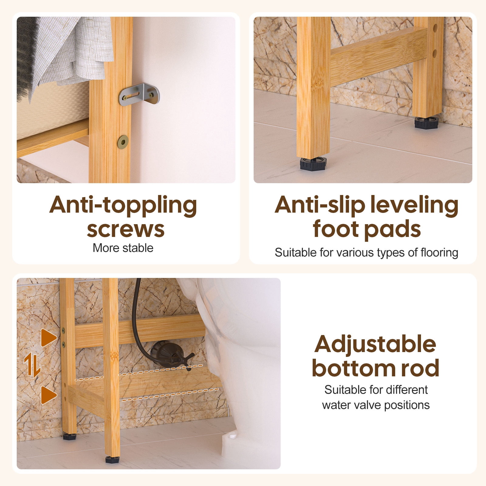 Enogets Over the Toilet Storage, Bamboo Bathroom Shelf Organizer with 2 Baskets & 4 Hooks, 4-Tier Space Saver