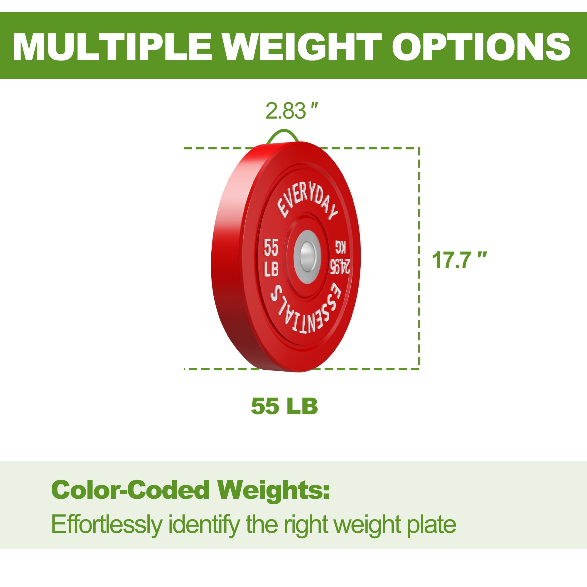 FlexWave Olympic Bumper Plates Pair 55LB, 2-Inch Rubber Barbell Plates with Steel Insert, Color-Coded Weight Plates for Weightlifting, Cross Training & Home Gym