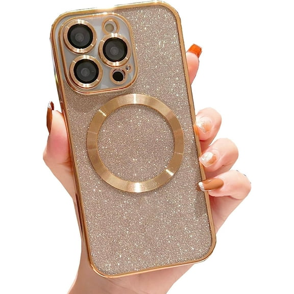 Compatible with iPhone 13 Pro Max Magnetic Case Glitter,Compatible with MagSafe,Camera Protector Luxury Plating Cute Bling Shiny Clear Case for Iphone13promax for Women Girls Cover (Gold)