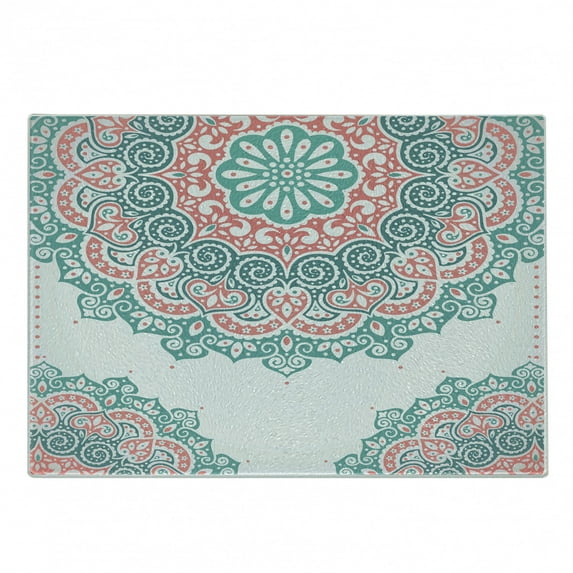 Oriental Cutting Board, Soft Colored Mandala South Culture Inspired Floral Image, Decorative Tempered Glass Cutting and Serving Board, Small Size, Turquoise Coral Teal, by Ambesonne
