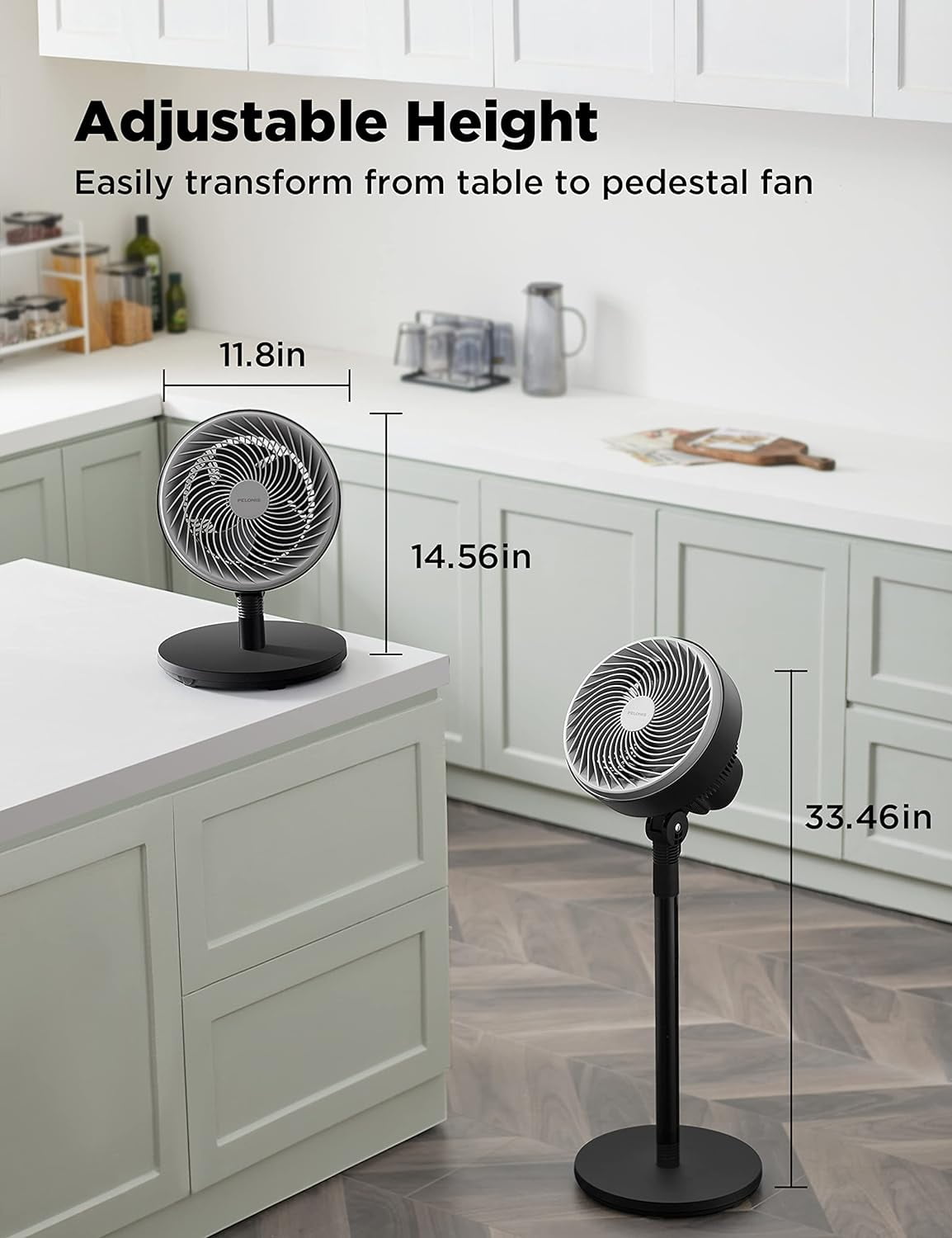 Pelonis 2-In-1 Pedestal, Table Fan, 3 Speed, Adjustable Tilt, Quiet, 14-33", Black