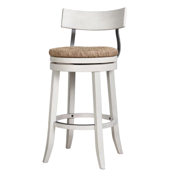 Pemberly Row 31" Reclaimed White Bar-Height Bar Stool and Natural Seagrass Seat