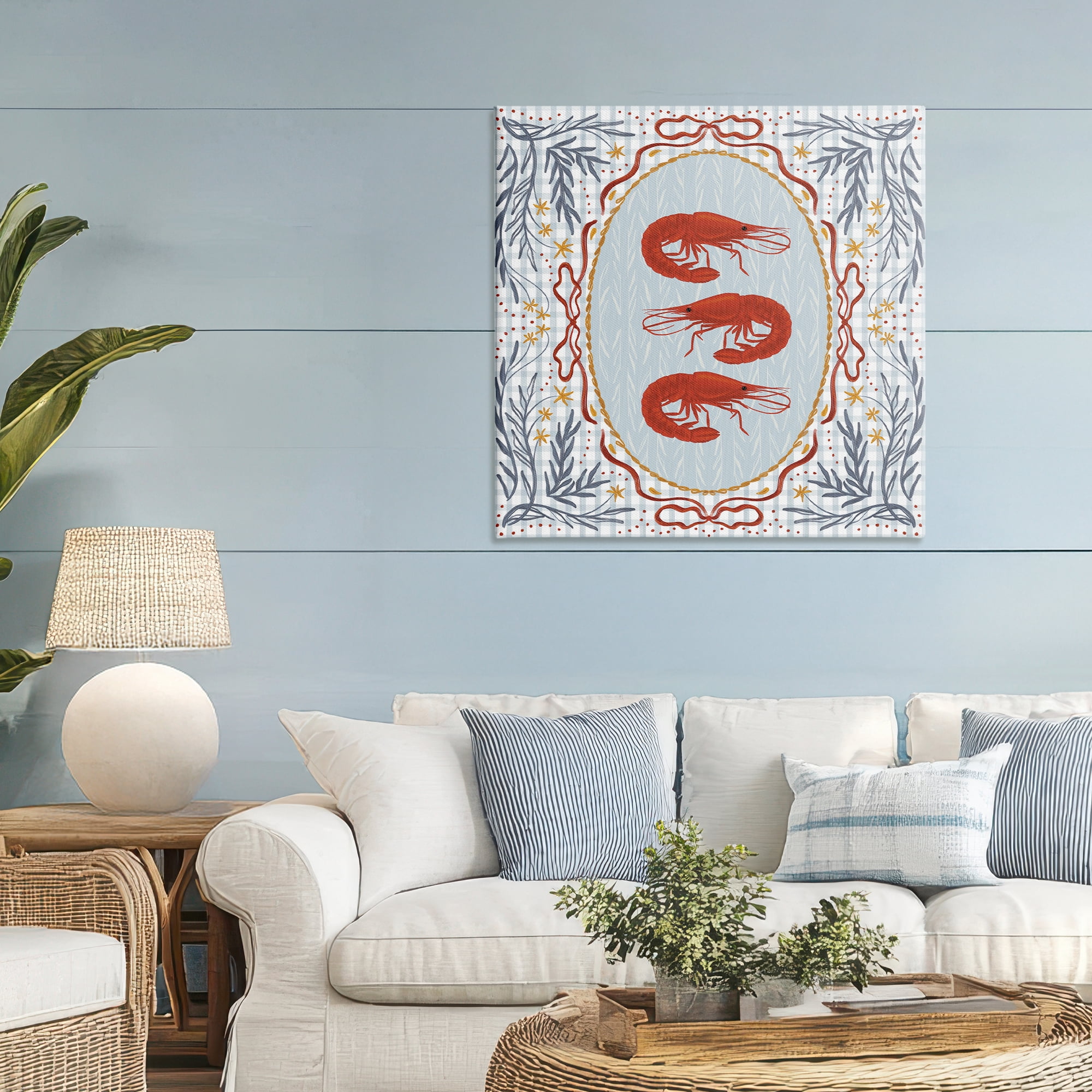 Stupell Industries Prawn Trio on Blue Gingham Canvas Wall Art, design by Vero Illustrates
