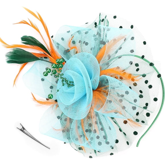DRESHOW Chapeau Fascinators Fleur Rubans en Maille Plumes sur un Bandeau et une Pince Couvre-Chef pour Fête du Thé pour Filles et Femmes