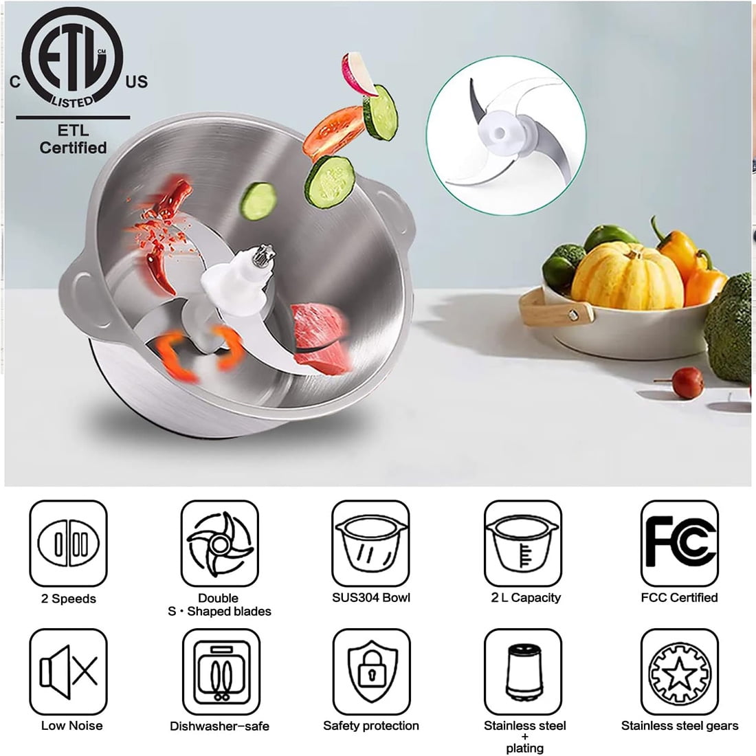 DEISNGB Meat Grinder Electric Food Chopper, 2 Speeds 8 Cup Food Processor New, Sausage Maker,Stainless Steel