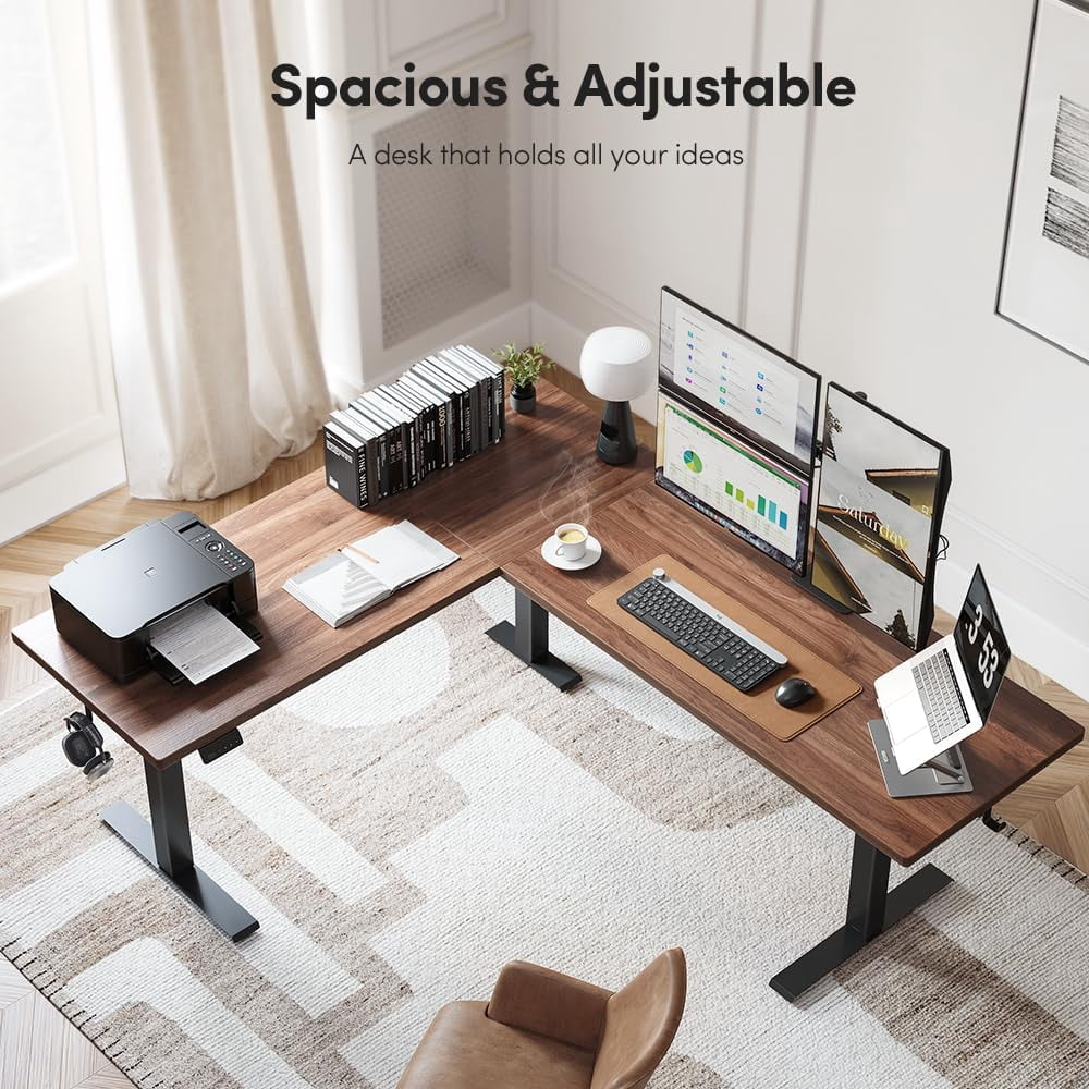 DESINO Standing Desk, 75” Adjustable L Shaped Standing Desk, Electric Height Adjustable Computer Desk, Black Walnat
