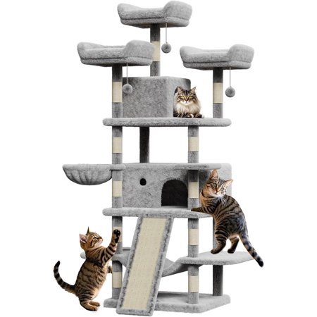 68 Inches Multi-Level Large Cat Tree for Large Kitties/Big Cat Tower with Condo/Cozy Plush Pussycat Perches/Sisal Scratching Posts and Hammocks/Activity Center/Light Grey