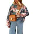 thumbnail image 2 of Female Cropped Puffer Quilted Jacket Cardigan Floral Printed Long Sleeve Open Front Short Padded Coats Blue M, 2 of 10