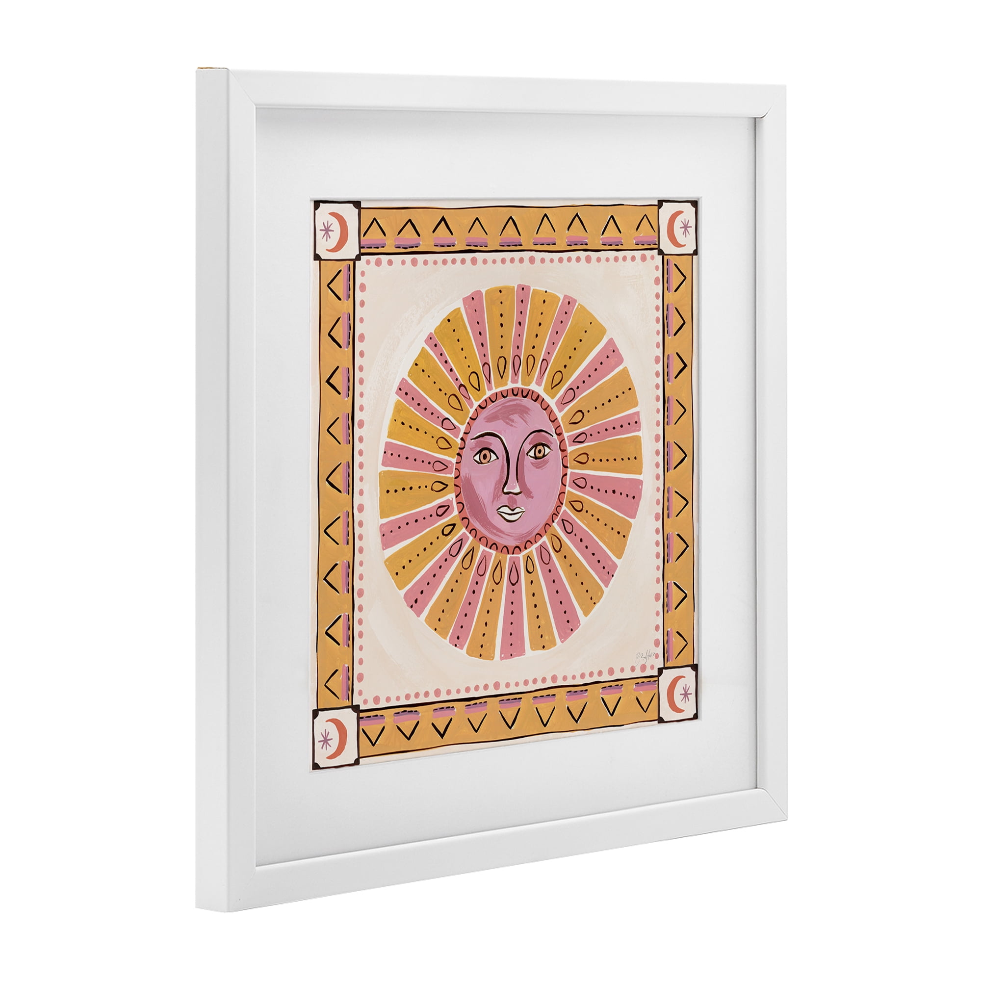 Stupell Industries Pink Sun Face with Geometric Border White Framed Print Under Glass, design by Two If By Sea Studios