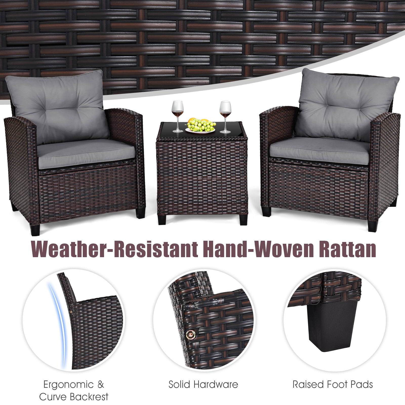 Gymax Set of 3 Rattan Furniture Set Patio Cushioned Conversation Set Sofa Gray