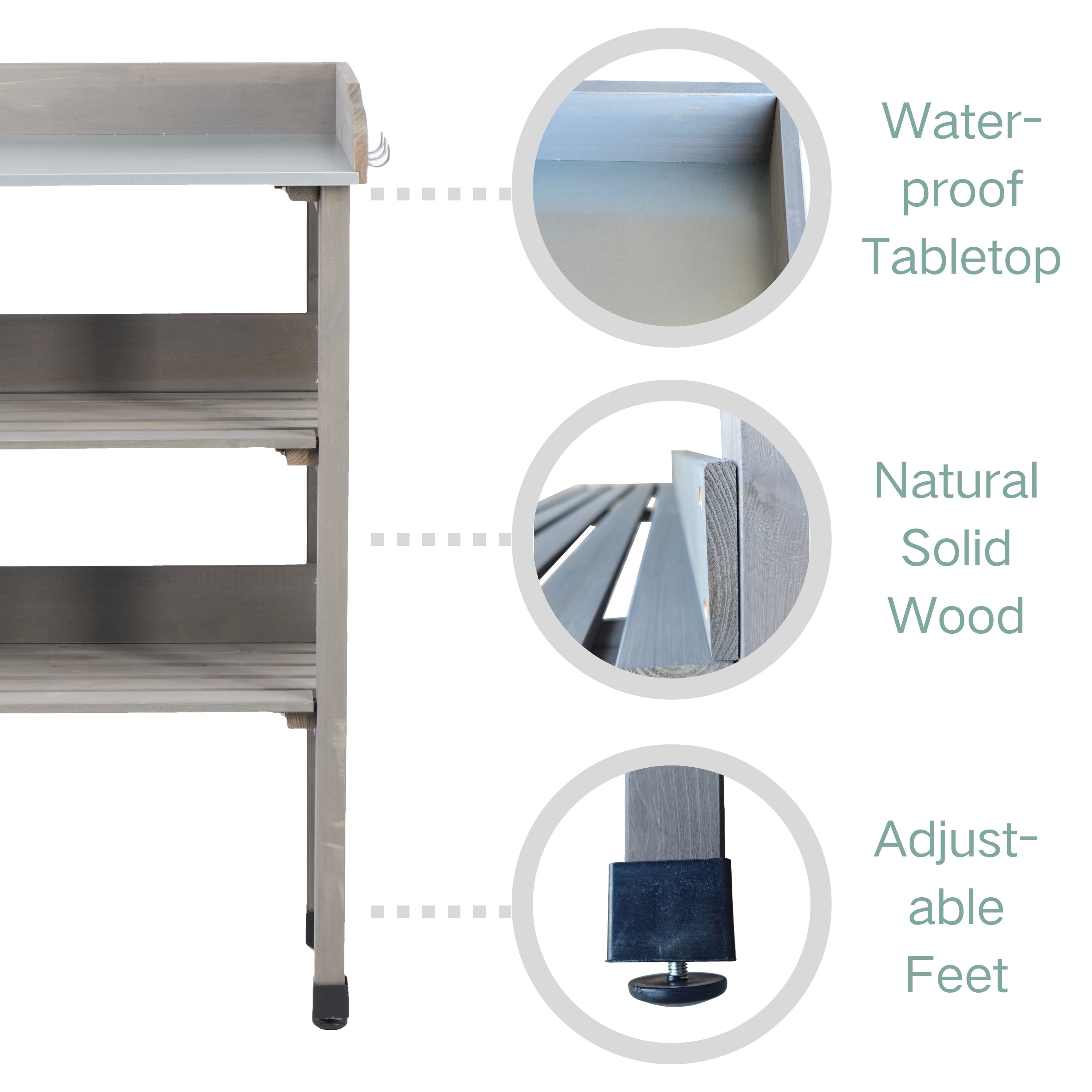 MAYEERTY 3-Tier Potting Table, Outdoor Work Bench with Metal Tabletop, Built-In Hooks & Adjustable Feet, for Garden, Patio, Garage, Workshop