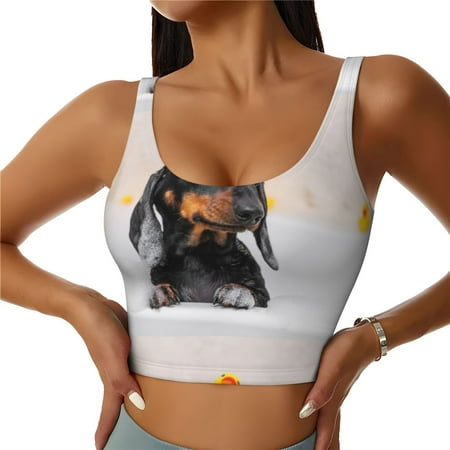 Jgfou Dachshund Sitting in Bathtub Print Womens Sports Bra - Padded Workout Sports Bras Crop Tank Top