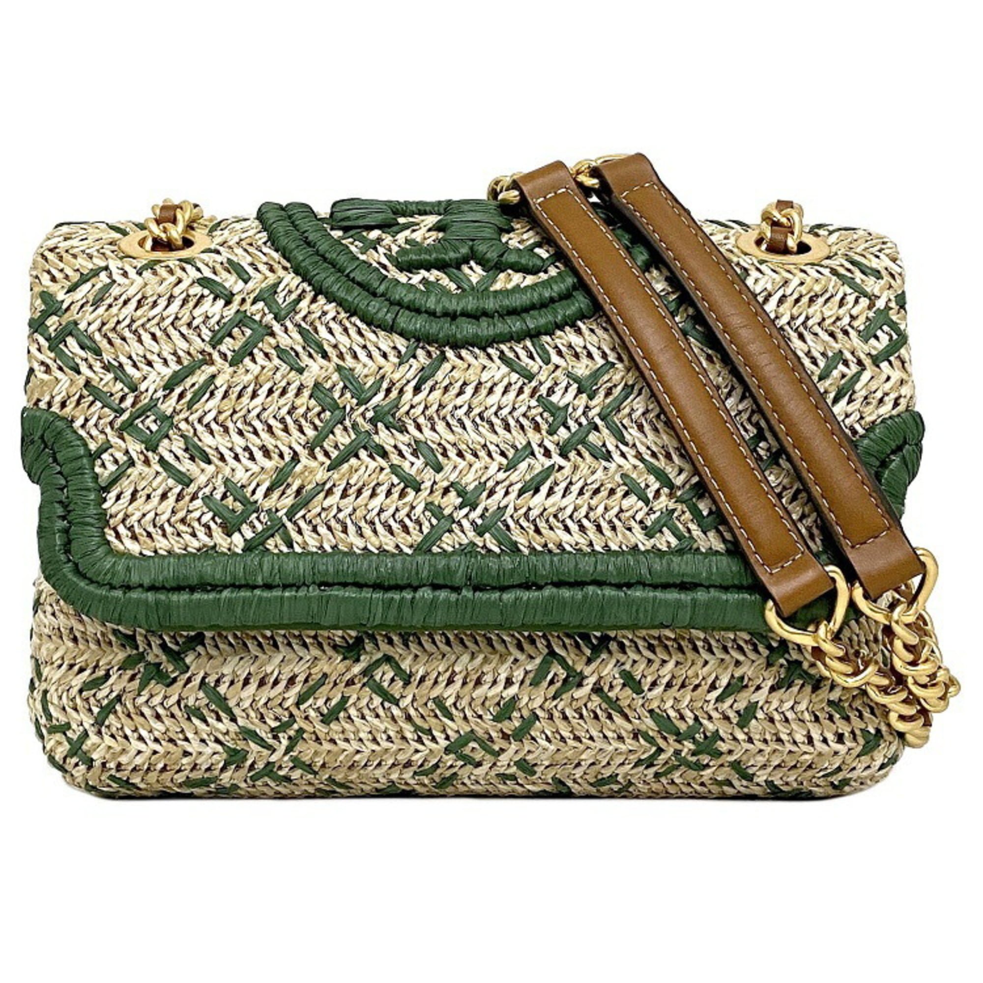 Authenticated Used Tory Burch shoulder bag beige green Fleming soft 64426  straw TORY BURCH flap push stitch embroidery 