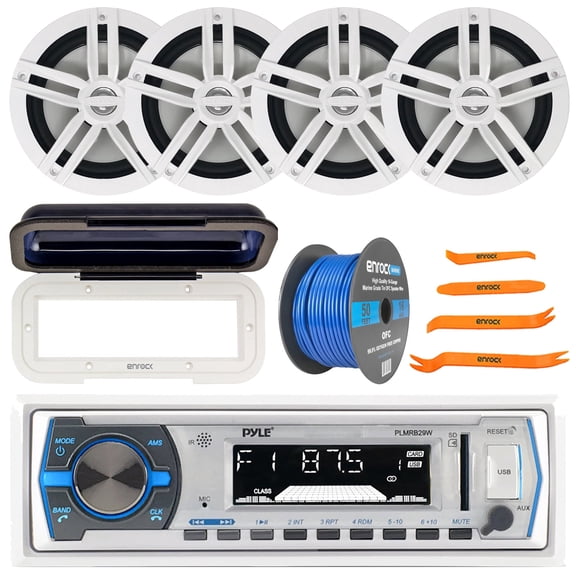 Pyle PLMRB29W Single DIN Marine Bluetooth MP3 Player In-Dash Stereo Receiver W/White Cover, 4x 6.5" 180W Max Power 2-Way Boat Speakers, 50 Feet 16 Gauge Speaker Wire, 4-Piece Removal Pry Tool Set
