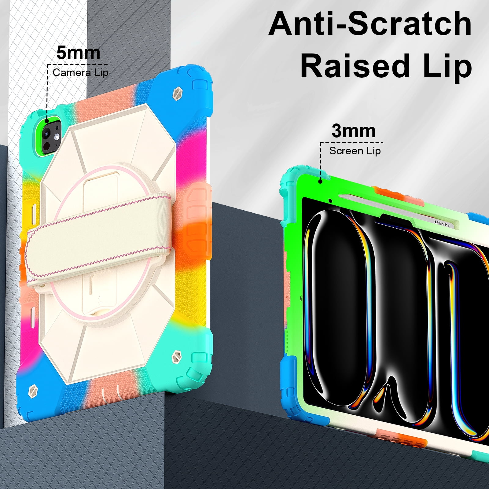 Allytechgroup iPad Pro 13 Inch 2024 Case Cover with Pencil Holder, Rugged Protection with Kickstand & Hand Strap Heavy Duty Shockproof Kids Friendly Case for Apple iPad Pro 13 M4 2024, Colorful Blue