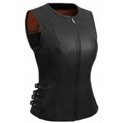 True Element Women's Side Buckled Zip Front Leather Vest (Black, Size L)