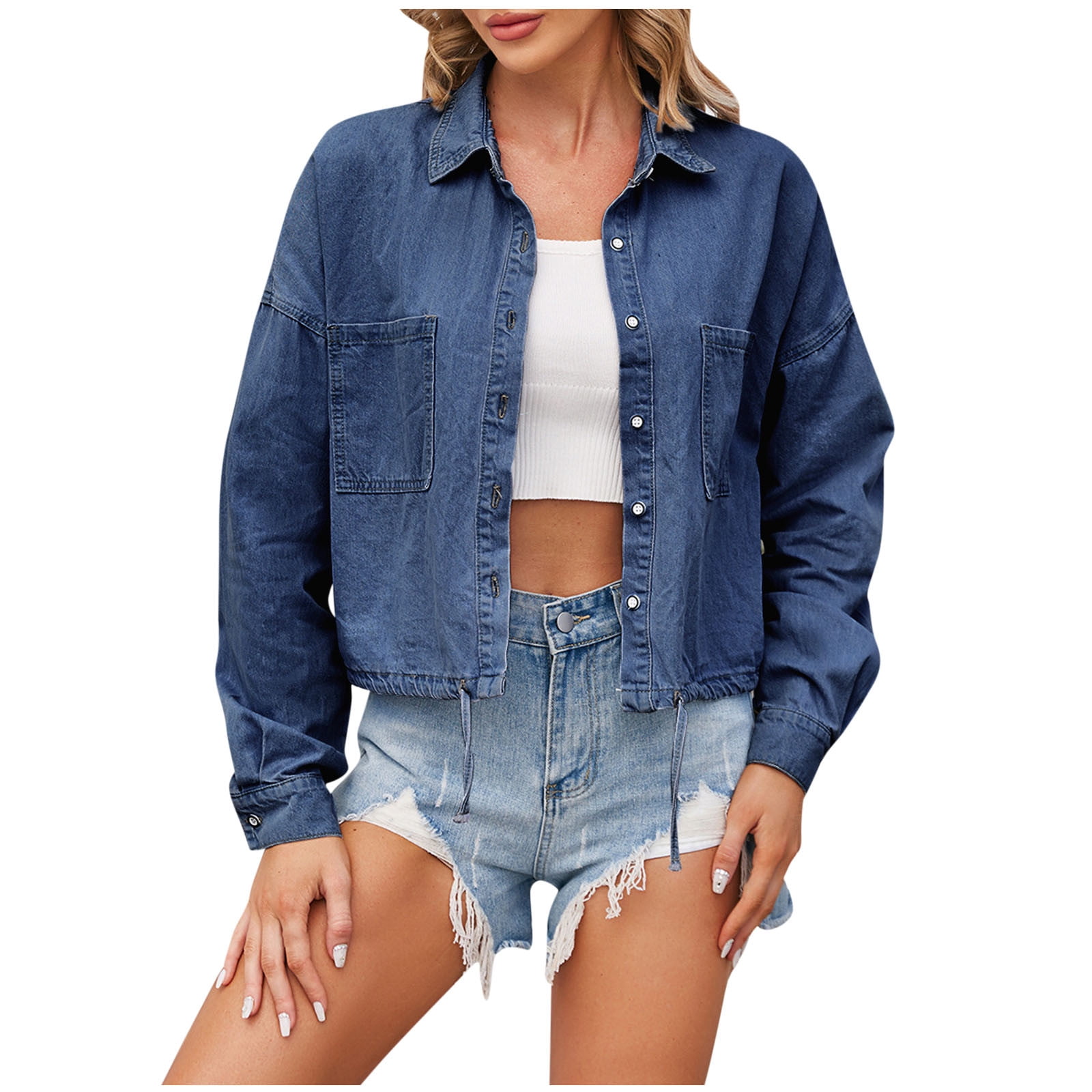APEXFWDT Womens Cropped Denim Shirt Jackets Long Sleeve