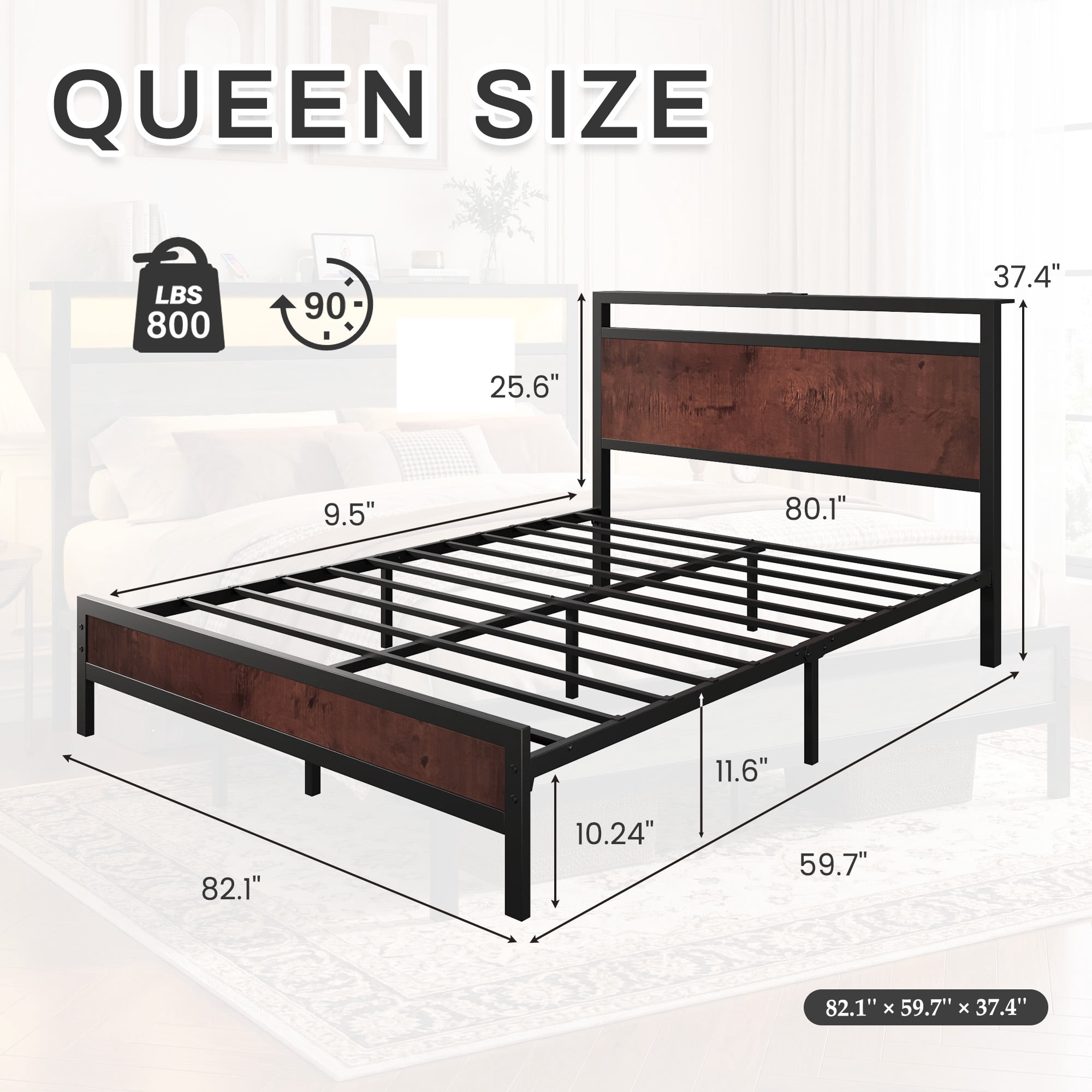 Bolvdo Queen Bed Frame with LED Headboard & Footboard, Built-in Charging Station, Storage Shelf, Noise-Free, No Box Spring Required, Easy Assembly, Coffee Brown
