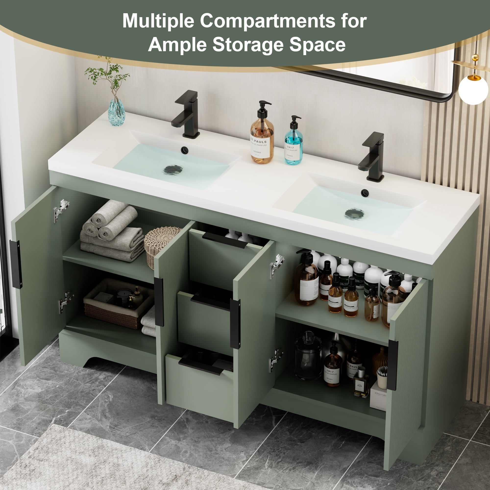 Eclife 60-inch Double Sink Bathroom Vanity with Integrated Tops, Soft-Close Hinges, Fluted Door Design, Mid-Century Modern