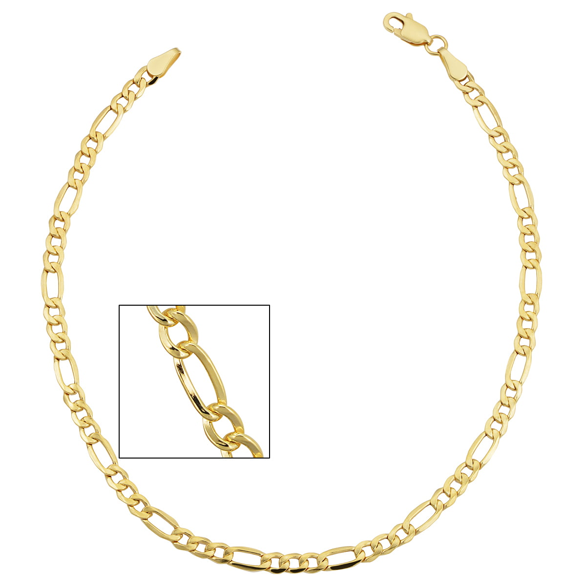 3.3mm Figaro Chain Bracelet, 8 1/2 Inches, Yellow Gold For Women and Men