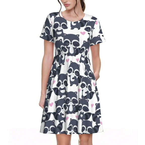 Defioc Cartoon Raccoon Pattern Womens Summer Dresses Short Sleeve Sundress 2025 Beach Vacation Dresses with Pockets -Large