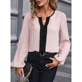 thumbnail image 4 of Womens Tops Dressy Casual V Neck Color Block Business Casual Blouses Long Sleeve Work Shirts Fall Trendy Clothes Pink M, 4 of 9