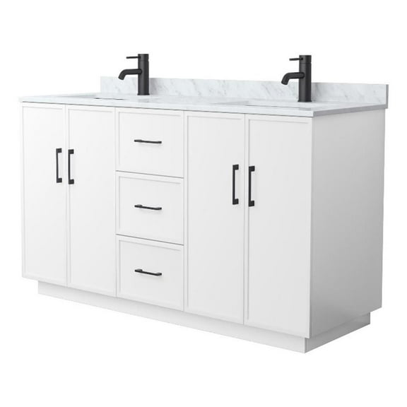 Elan TK 60" White Double Vanity & White Carrara Marble Top & Black Trim