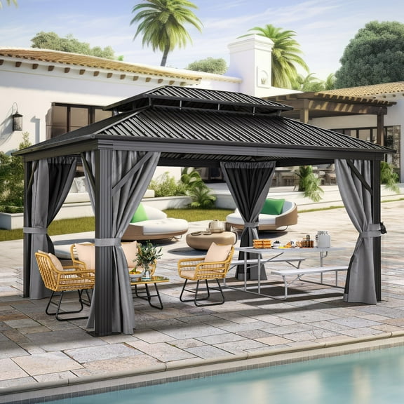 Dextrus 12ft x16ft Double Roof Hardtop Gazebo with Netting&Curtains, Outdoor Gazebo with Heavy Duty Galvanized Steel,Ideal for Patio Lawn and Garden,Gray Curtain