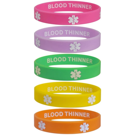 BLOOD THINNER Medical Alert ID Privacy Enhanced Silicone Bracelets Wristbands 5 Pack Fun Colors