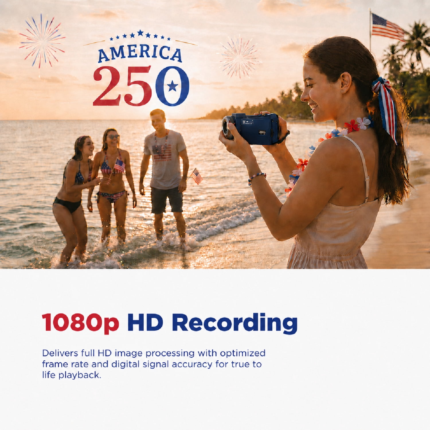 Vivitar PopCam America 250 Digital Camcorder – USA Celebration Edition, Old Glory Blue, 48MP, Full HD 1080P Video, 3" Flip Screen, 16X Digital Zoom Camcorder with Built-in Mic for Vlogging & Travel