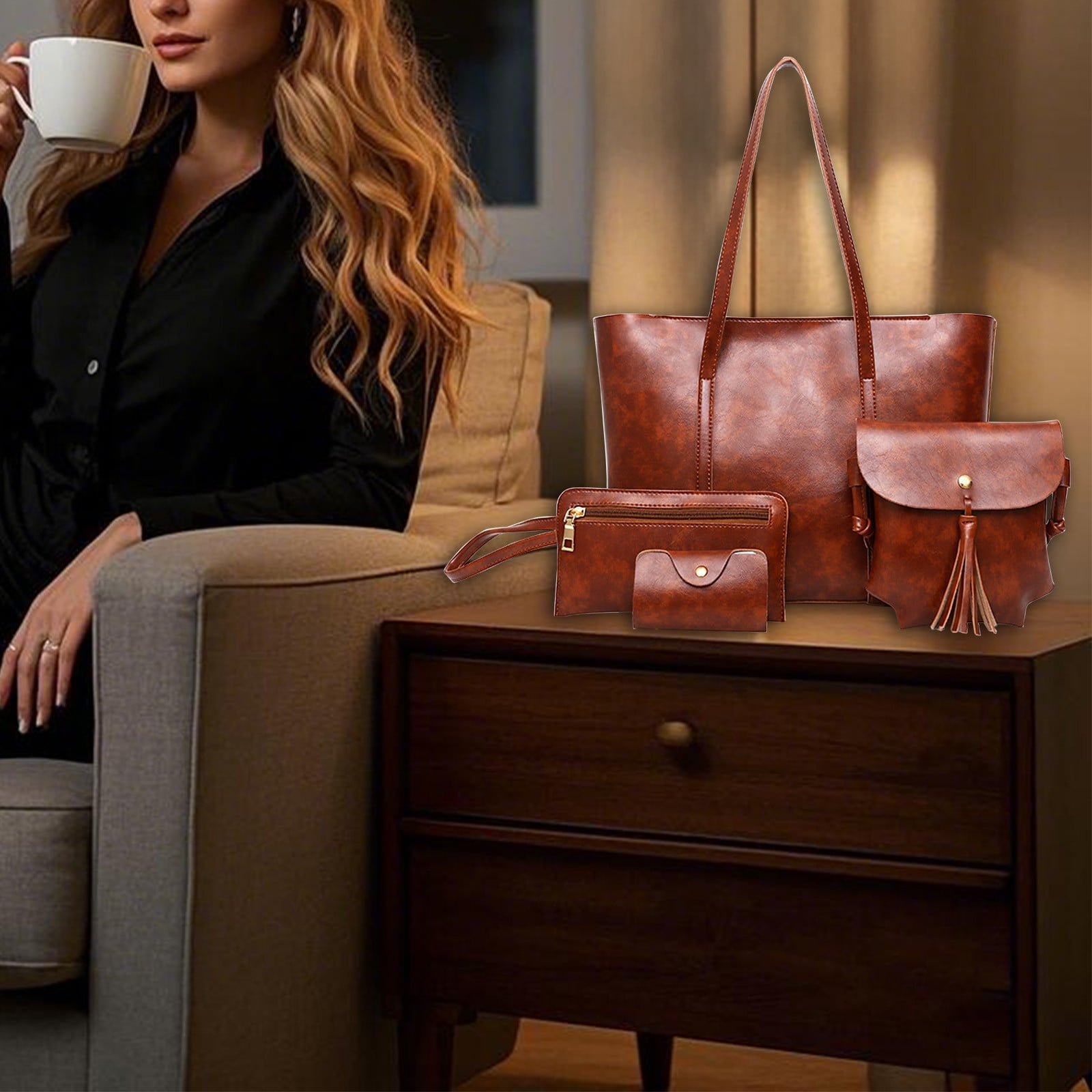 Clearance! Titcea Handbags for Women, Retro Leather Satchel, Tote Bag & Shoulder Bag & Purse & Card Bag Set 4pcs, Gifts for Mom/Her