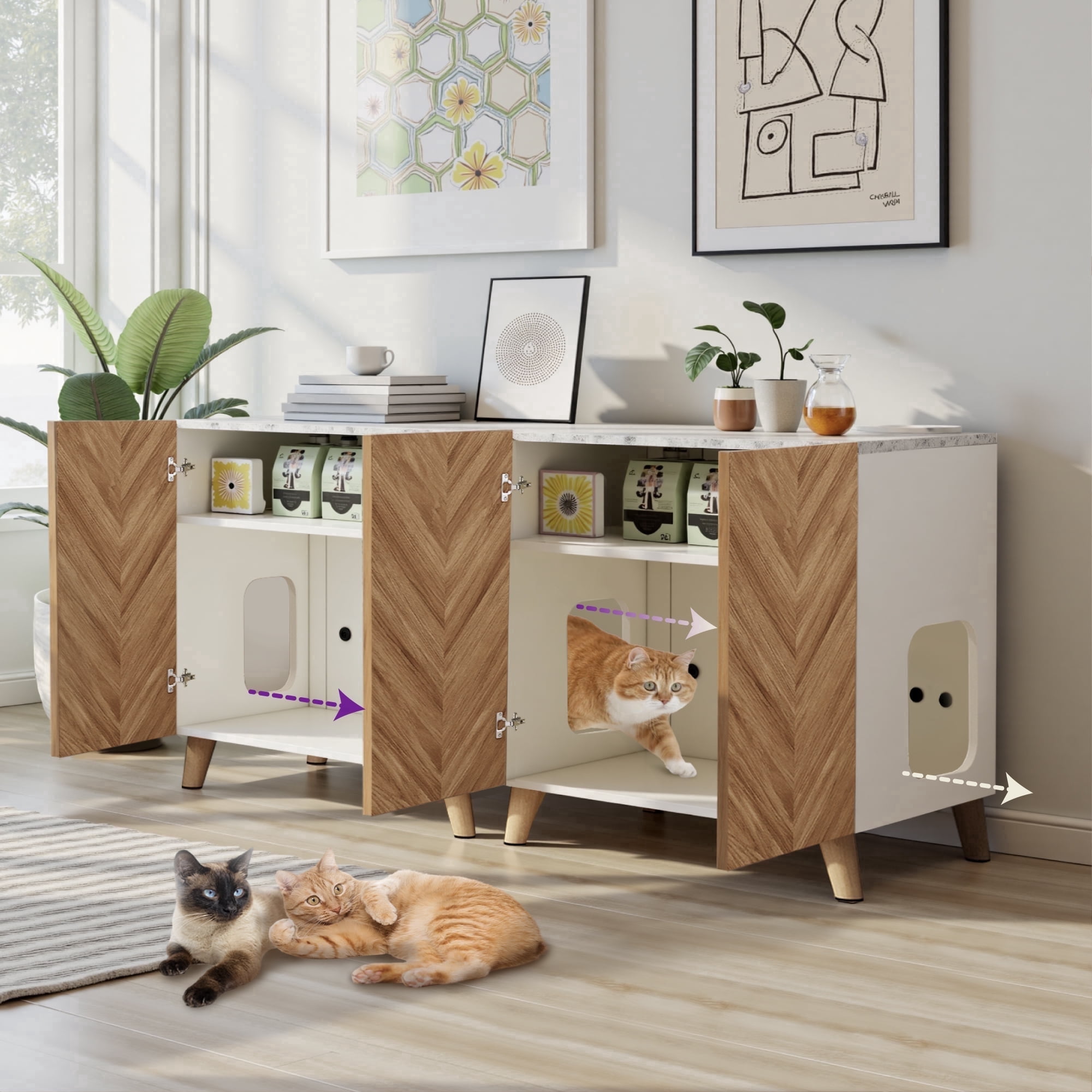 WHIFEA 32" Wooden Cat Litter Box Enclosure - Hidden Cat Washroom with Ventilation & Deep Design, Fits Most Litter Boxes for Living Room, Bedroom