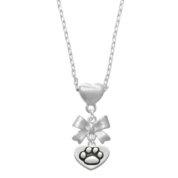 Delight Jewelry Silvertone Paw in Heart Silver tone Bow Heart Necklace