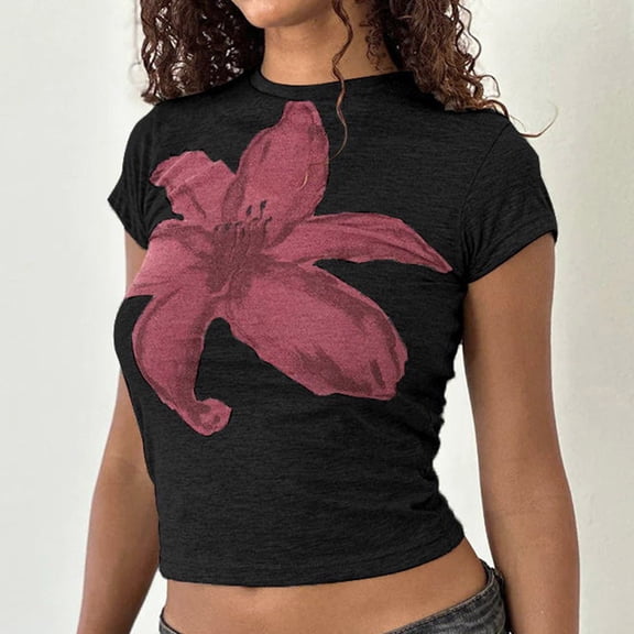 HOWPAY Women T Shirt Floral Print Vintage Boho Tee Tops Summer Loose Fit Short Sleeve Crew Neck T-Shirt Oversized Cozy Y2K Streetwear Black L