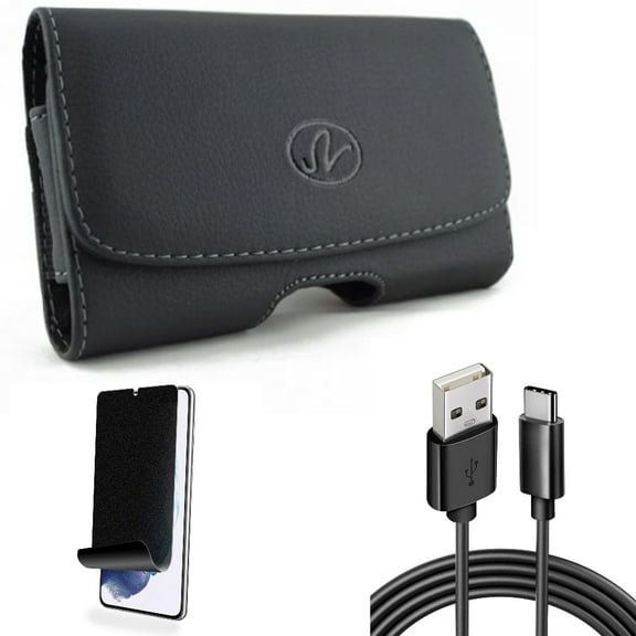 For Samsung Galaxy S21 (6.2") - Swivel Leather Case Belt Clip   [Fingerprint Works] TPU Film Privacy Screen Protector   Charger Cord Type-C 6ft USB Cable