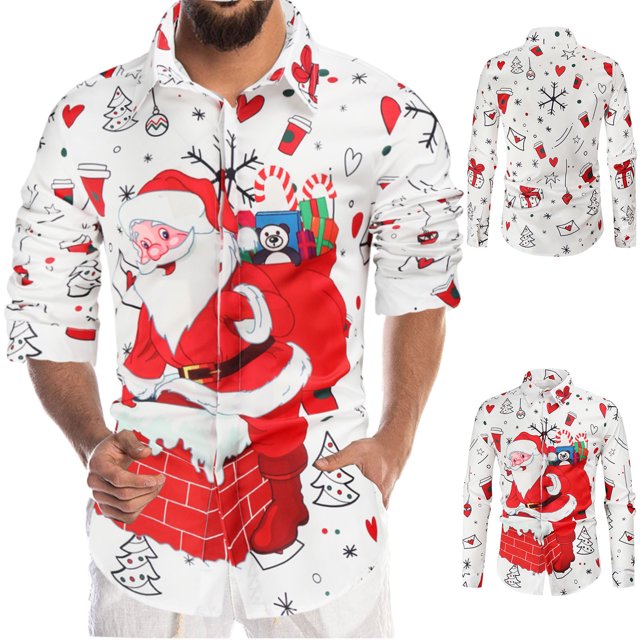 Camisas Navideñas Para Hombres Nueva Impresión Digital 3D Botón de Solapa Camisetas de Manga Larga Odeerbi ODB207387