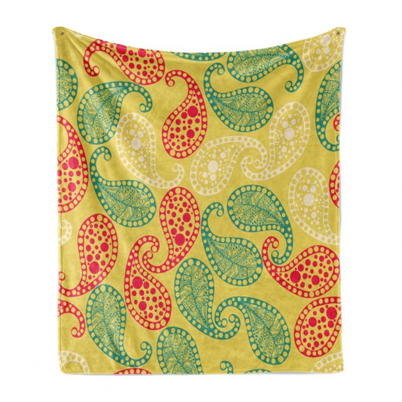 Paisley Soft Flannel Fleece Throw Blanket, Folkloric Ornamental Design of Dotted Curling Motifs, Cozy Plush for Indoor and Outdoor Use, 60" x 80", Mustard Multicolor, by Ambesonne