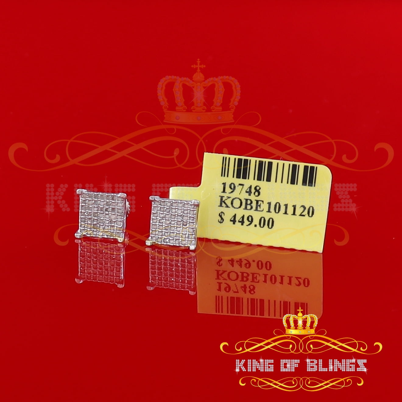 King of Bling's 925 White Silver 0.25ct Square Real Genuine Diamond Stud Men's Fashion Earrings
