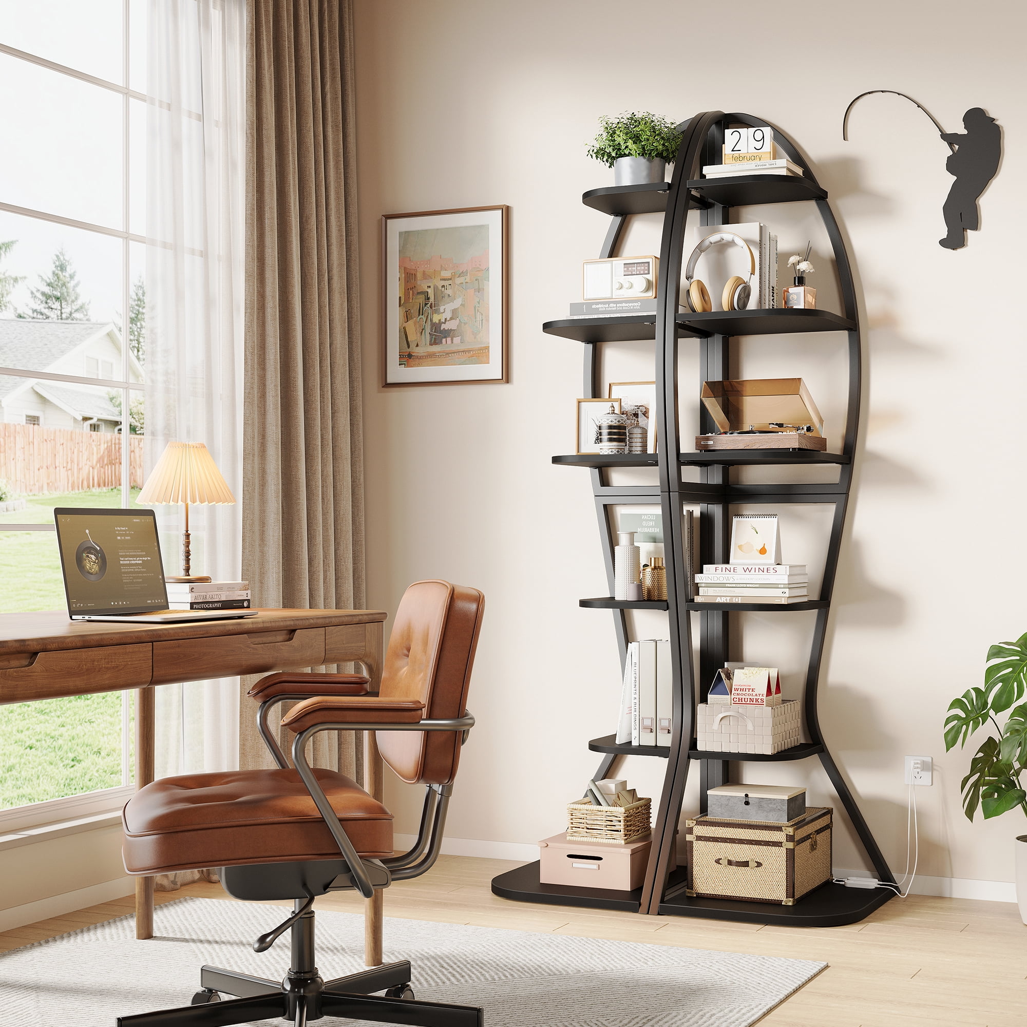 Vividwood Artistic Fish-Inspired Corner Shelf with LED Lights, 6-Tier Tall Corner Bookshelf with Multi-Depth Display, Vividwood Space-Saving Storage Unit with Remote Control for Bedroom & Living Room