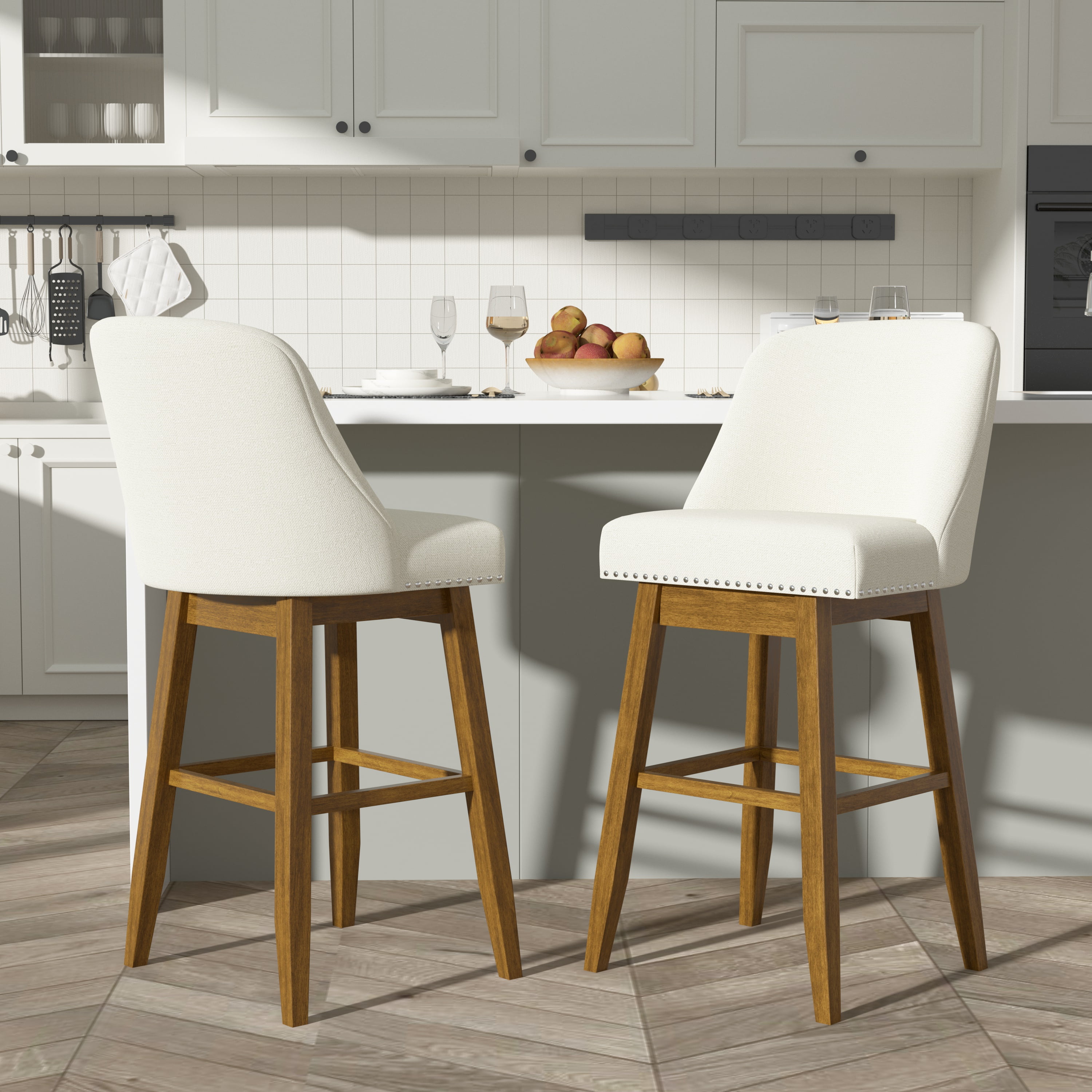 Tolead 30" Upholstered Swivel Counter Bar Stools with Back and Wood Legs - Set of 2, Beige