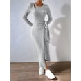 thumbnail image 6 of Womens Long Sleeve Sweater Dress Crew Neck Slim Fit Slit Tie Ribbed Knit Bodycon Midi Dress Fall Outfits Gray XL, 6 of 10