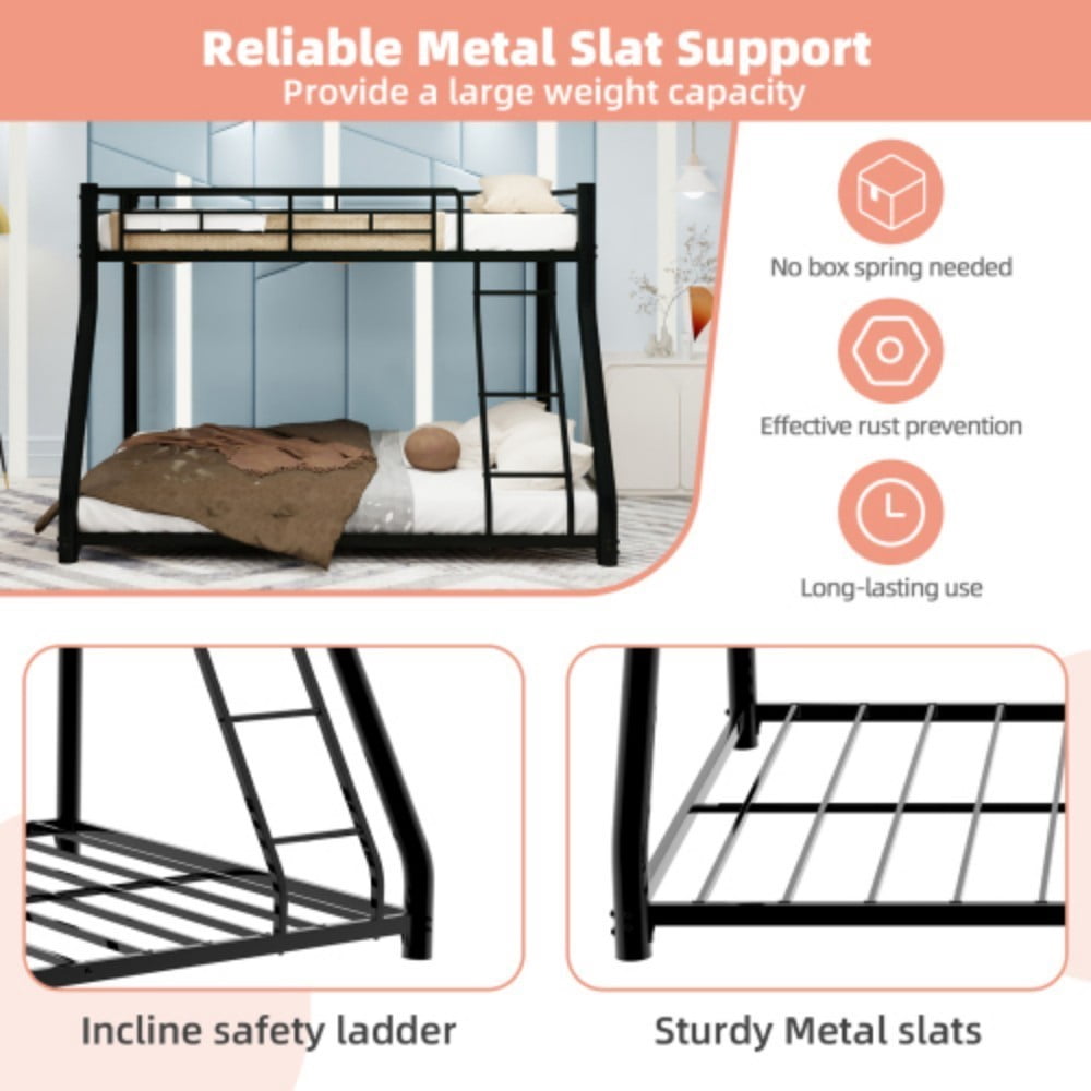 Twin Over Full Bunk Bed, Heavy-Duty Metal Frame with Ladder & Full-Length Guardrail, LED Light & USB Port, Noise-Free Design, 400 lbs Capacity, Black