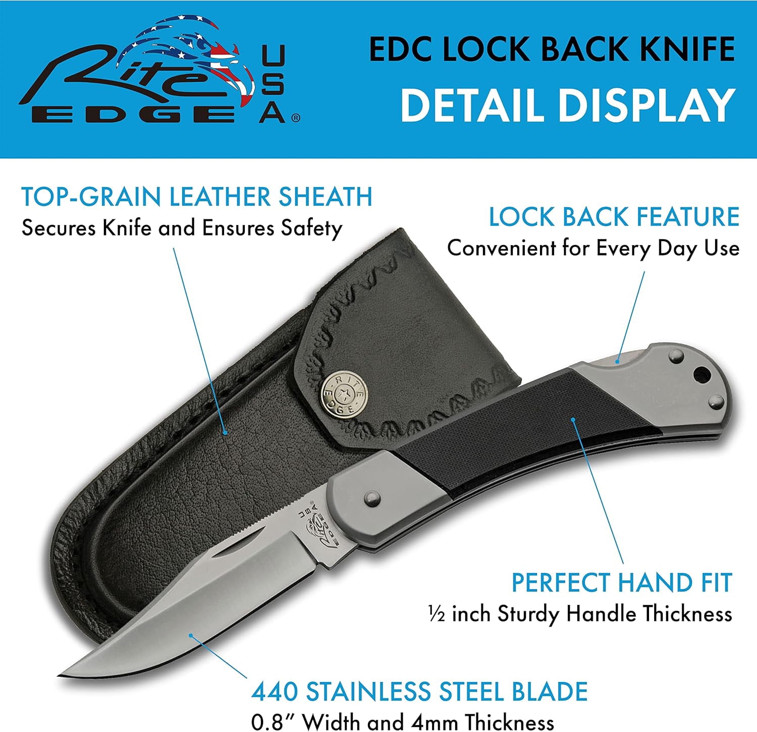 SZCO 8.5" Black G10 Handle Lock Back Folding Knife – 440 Stainless Steel Blade, Leather Sheath – Folding Utility Pocket Knife for Everyday Carry