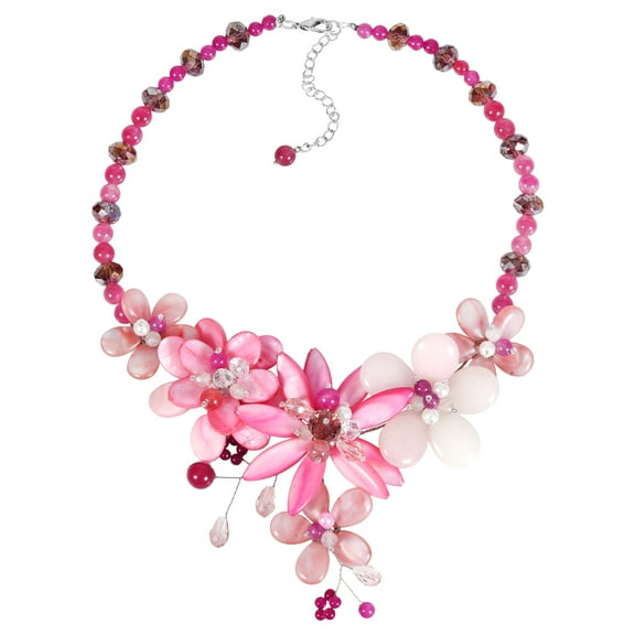 Elegant Pink Tropical Garden Mixed Seashell, Stone, and Crystal Floral Necklace