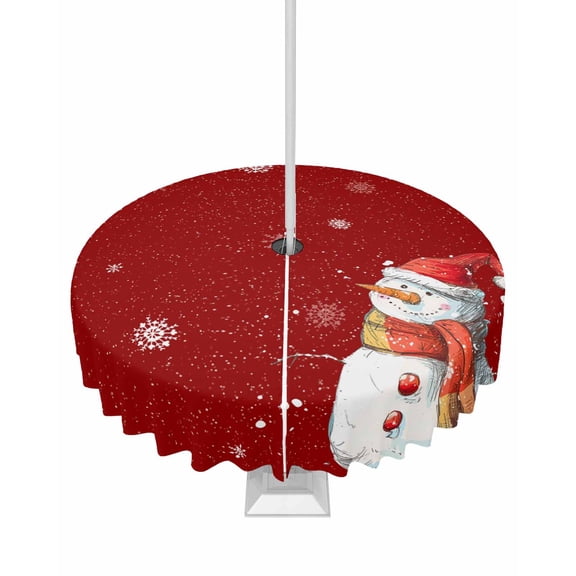 Fsddascl Red Snowman Christmas Outdoor Tablecloth - 60 Inch Round Dining Table Cover, Xmas Snowflake Watercolor Waterproof Outdoor Table Cloth with Umbrella Hole & Zipper for Picnic/Patio/Party