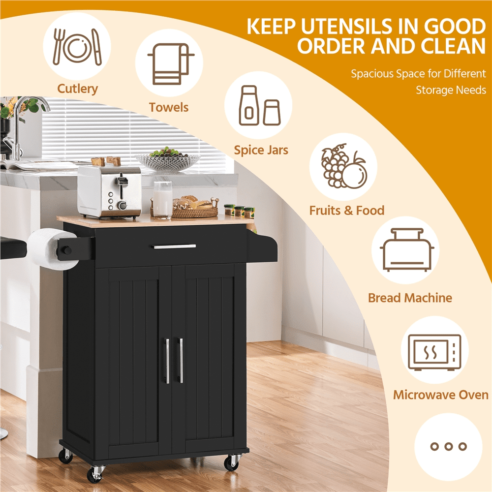Alden Design Rolling Storage Kitchen Cart with Pull Out Drawer, Black